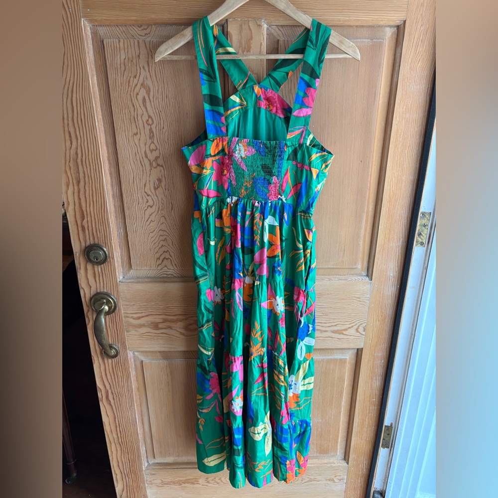J. Crew Green Smocked Midi Dress | 100% Cotton | Farm Rio Vibes | Size 8 - Picture 7 of 14